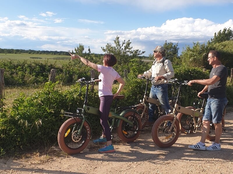 Trois personnes avec vélos électriques discutant et regardant un paysage champêtre sous un ciel bleu avec quelques nuages.