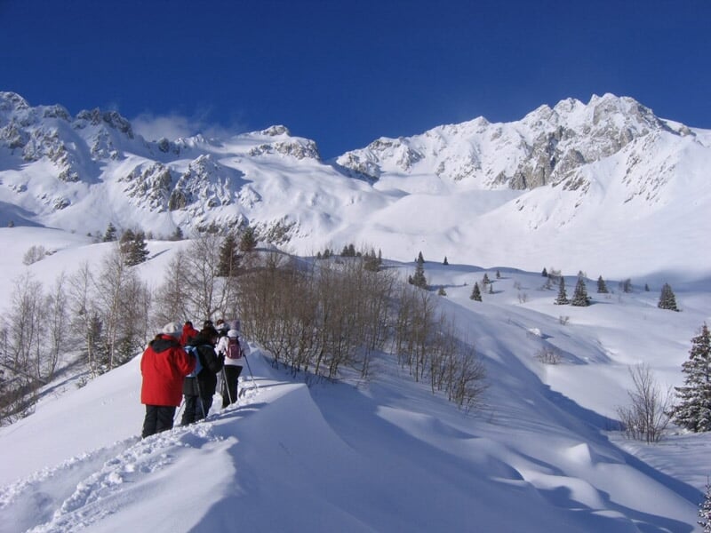Groupe de randonneurs en raquettes marchant sur un sentier enneigé avec montagnes en arrière-plan.