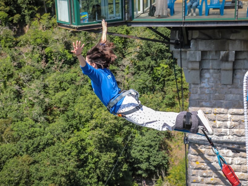 Vue dynamique d'une personne en saut à l'élastique avec les arbres verdoyants en contrebas