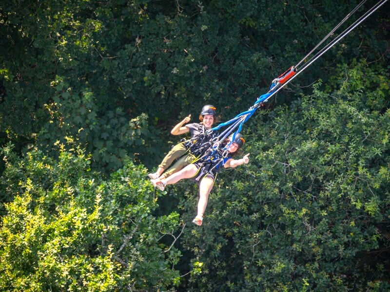 Deux personnes en plein saut pendulaire, accrochées côte à côte, font un signe de pouce levé, entourées de la cime des arbres verdoyants
