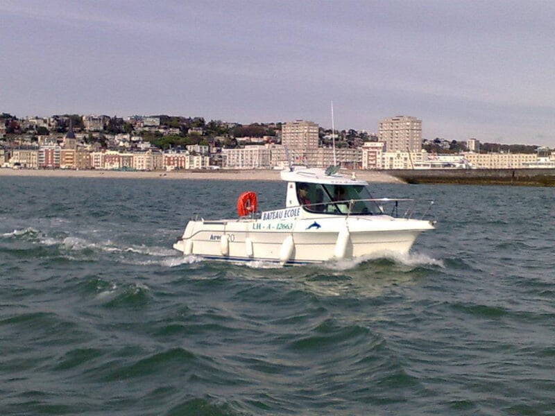 Bateau blanc naviguant sur une mer calme avec une ville en arrière-plan sous un ciel clair.
