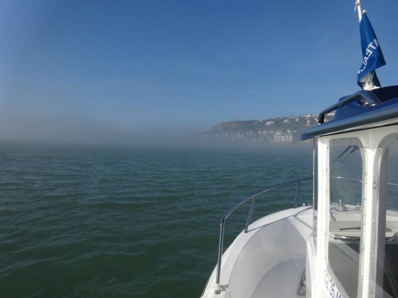Vue depuis un bateau sur une mer calme avec des falaises blanches et un ciel bleu légèrement brumeux.