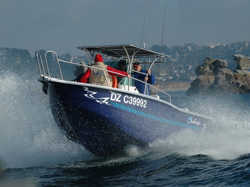 Bateau rapide bleu avec deux personnes à bord naviguant sur une mer agitée avec éclaboussures d'eau autour.