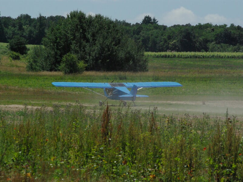 Petit avion ultraléger bleu décollant d'un champ herbeux avec des arbres en arrière-plan sous un ciel clair.