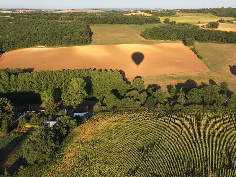 Ombre d’une montgolfière sur un champ doré entouré de forêts et de cultures verdoyantes sous un ciel dégagé