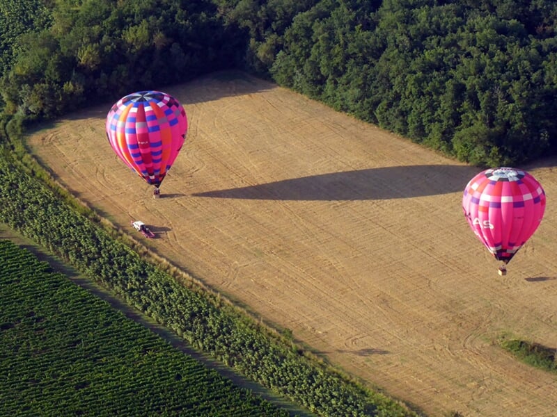 Deux montgolfières colorées survolent un champ doré, bordé par des cultures vertes et une forêt dense