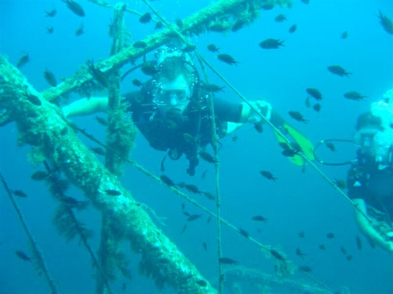 Plongeurs explorant une structure sous-marine entourée de petits poissons noirs.