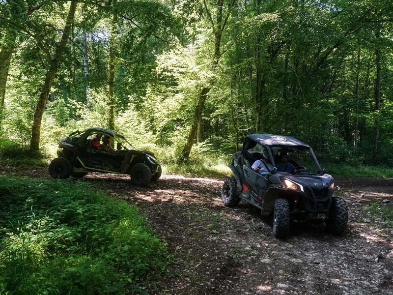 Deux quads circulent sur un sentier forestier ombragé avec des arbres verts denses autour d'eux.