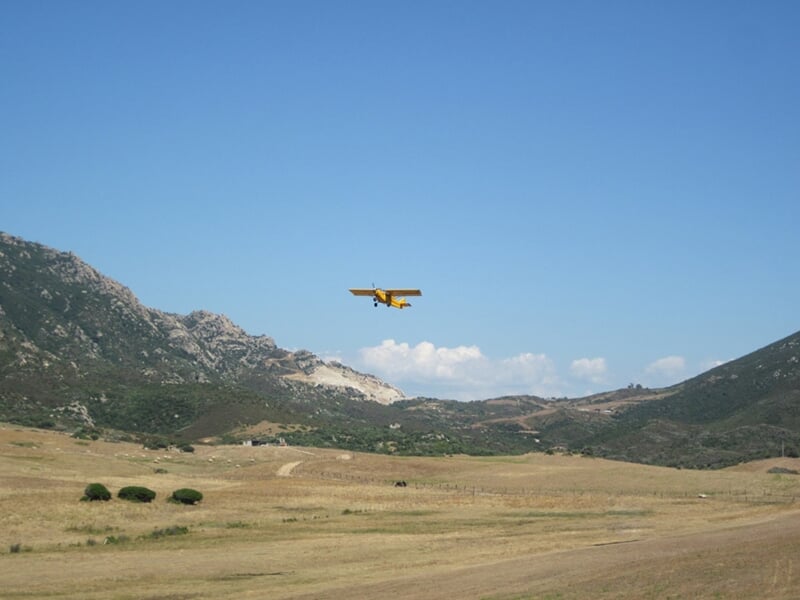 Petit avion jaune volant au-dessus d'un paysage rural avec collines et champs sous un ciel dégagé