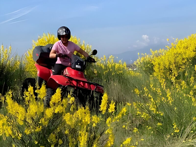 Personne en casque noir conduisant un quad rouge à travers un champ de fleurs jaunes sous un ciel bleu clair.