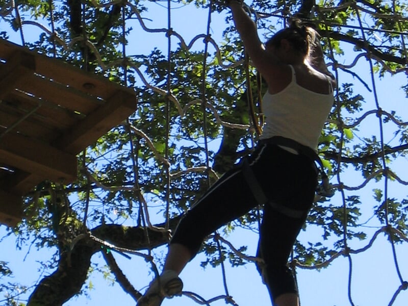 Personne en tenue sportive escaladant un parcours d'accrobranche en hauteur dans un environnement boisé sous un ciel bleu.