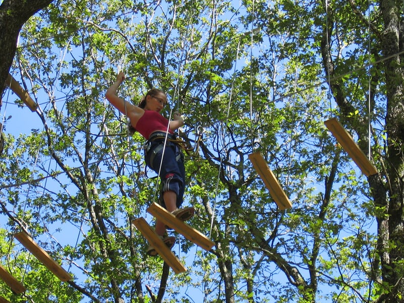 Personne progressant sur un parcours d'accrobranche avec des planches suspendues, entourée d'arbres feuillus au printemps.