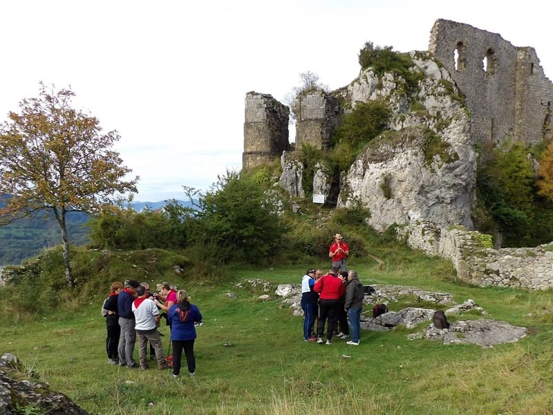 Groupe de personnes écoutant un guide lors d'une randonnée près des ruines d'un château en pleine nature.