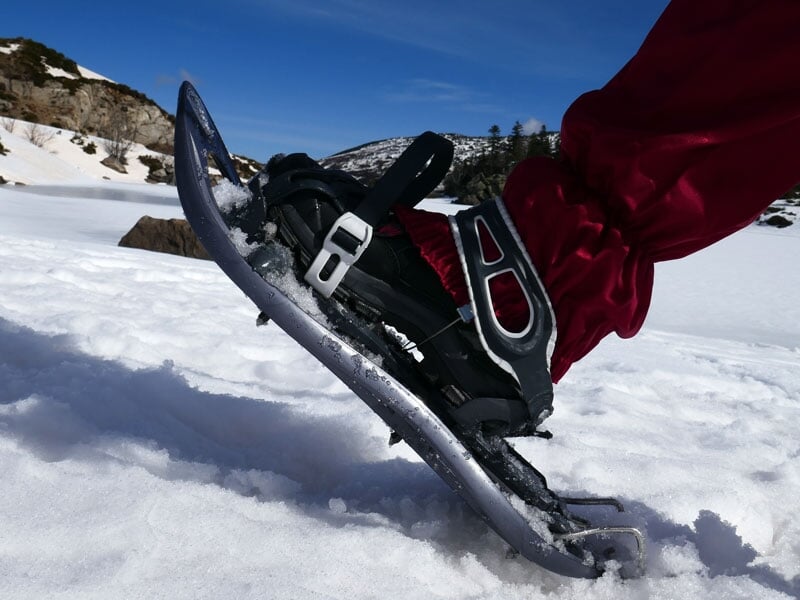Plan rapproché d'une raquette à neige sur le pied d'un randonneur, avec de la neige fraîche en dessous