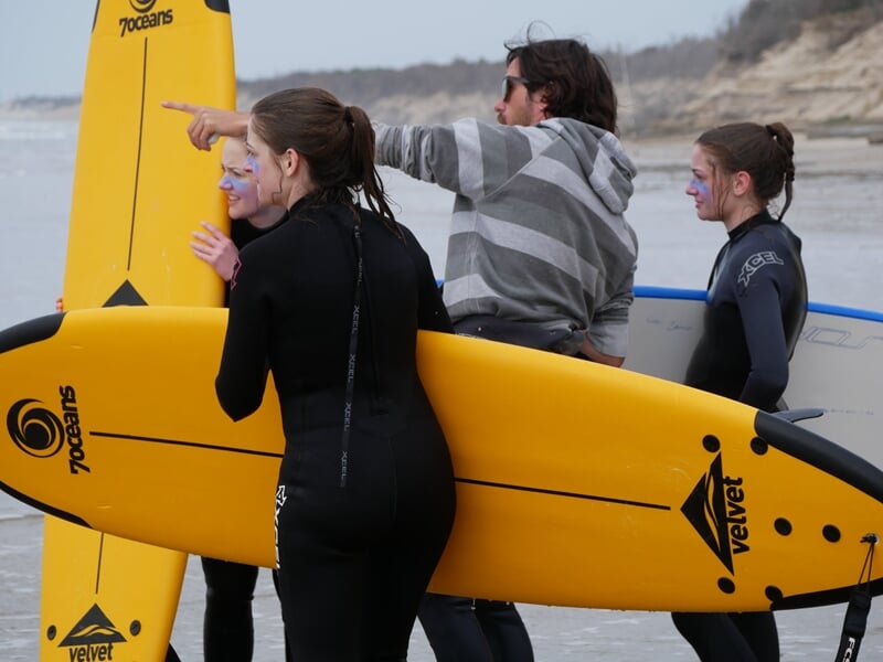Groupe de surfeurs en combinaison noire tenant des planches jaunes sur la plage avant de surfer.