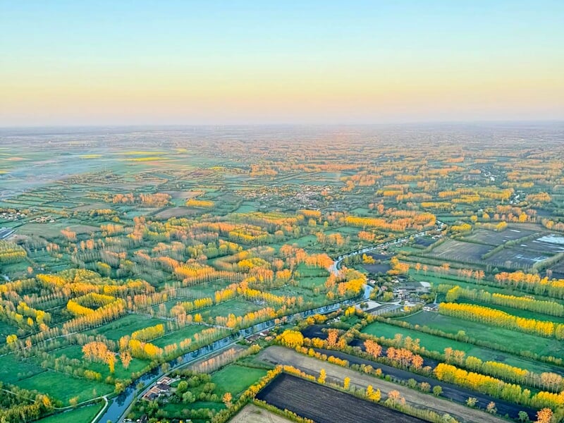 Vue panoramique d'une campagne avec champs et arbres aux couleurs d'automne sous un ciel bleu clair.