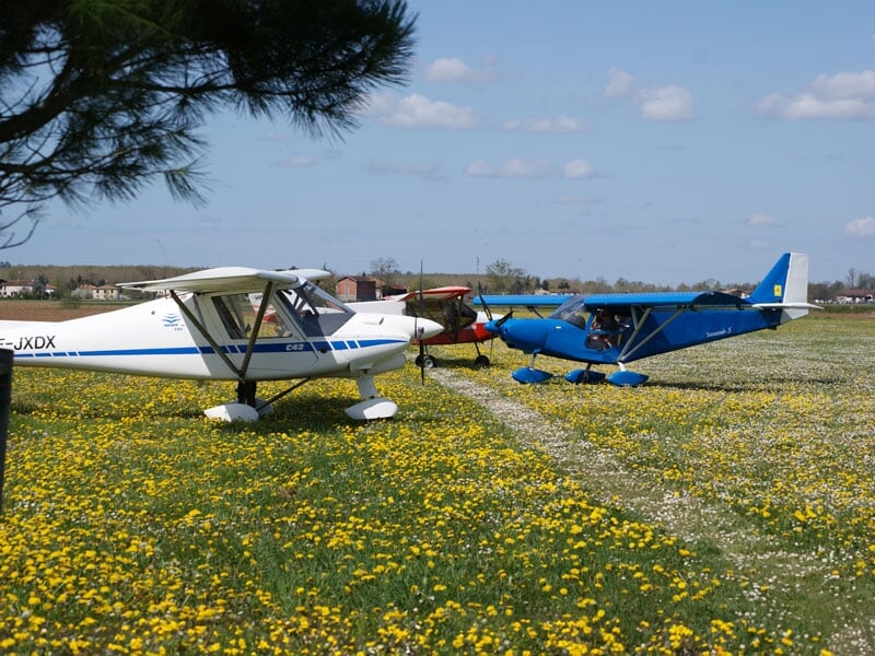 Trois avions ultralégers stationnés sur un champ fleuri, un C42 blanc, un avion rouge et un avion bleu, sous un ciel bleu parsemé de nuages