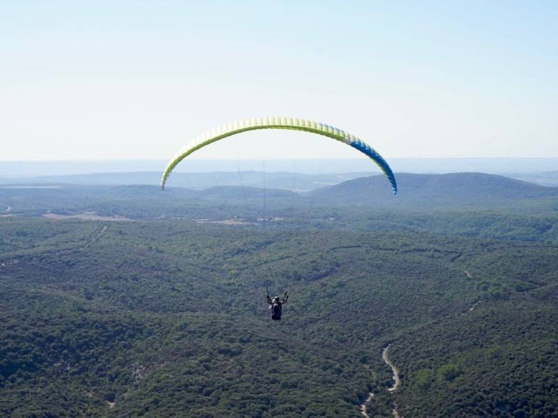 Parapentiste en plein vol au-dessus d'une vaste forêt verdoyante avec un horizon dégagé et des collines ondulées sous un ciel bleu clair.