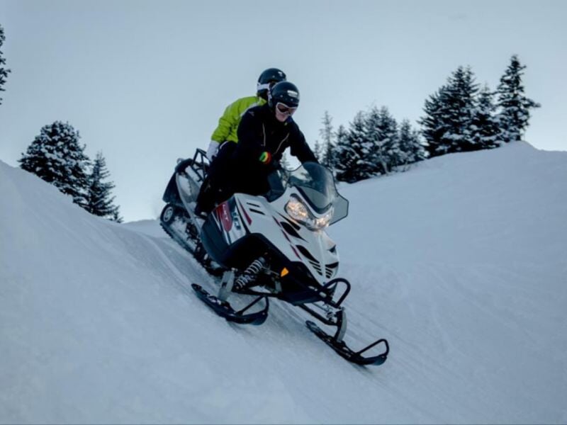 Deux personnes en tenue de neige descendent une pente enneigée sur une motoneige blanche entourée d'arbres et de montagnes.