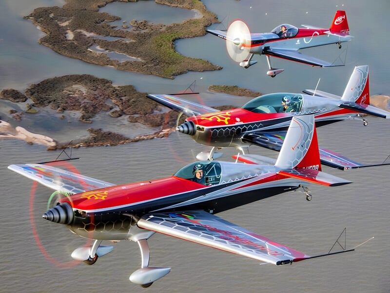 Formation en vol de trois avions acrobatiques au-dessus d'un littoral, avec des fumigènes colorés tracant leur chemin dans le ciel