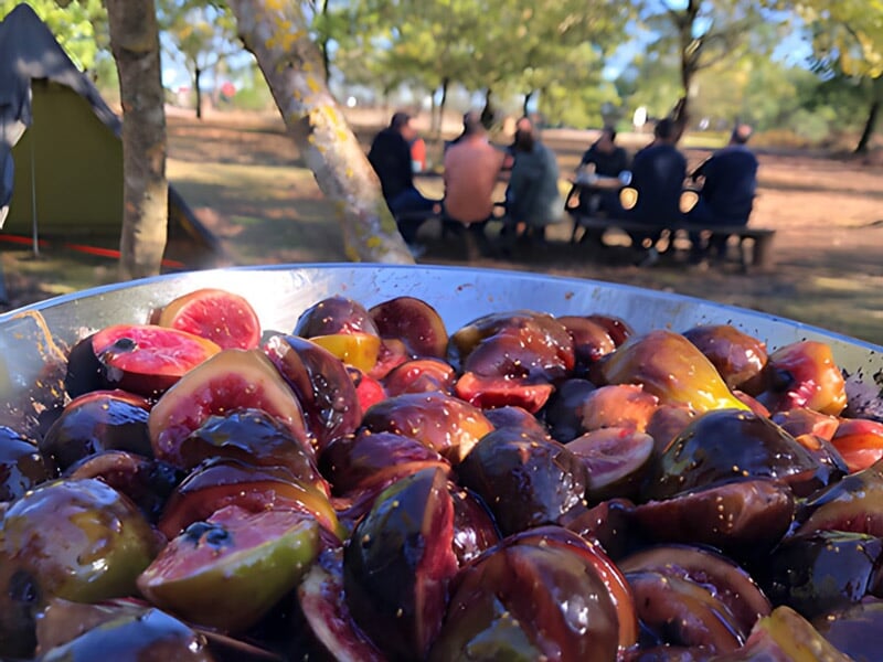 Gros plan sur des prunes coupées dans un récipient, avec un groupe de personnes assises en arrière-plan.