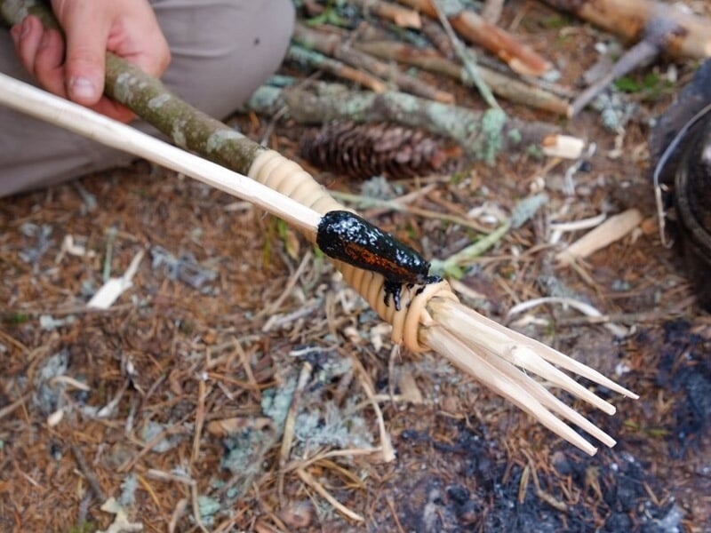 Un morceau de bois enflammé est appliqué sur un faisceau de brindilles pour allumer un feu en forêt.