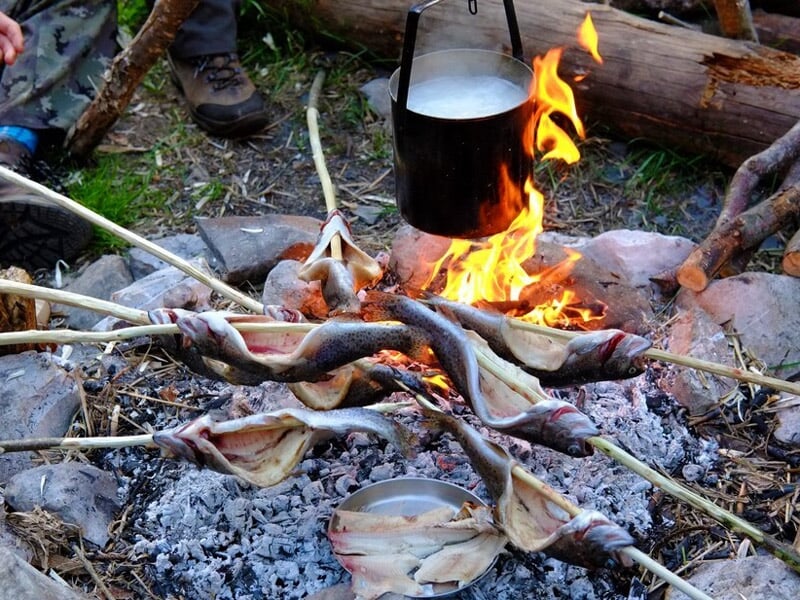 Poissons embrochés sur des branches sont cuits au-dessus d'un feu de camp avec une casserole posée dessus.