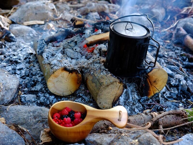 Tasse noire posée sur un feu de camp avec une cuillère en bois remplie de baies rouges à côté.