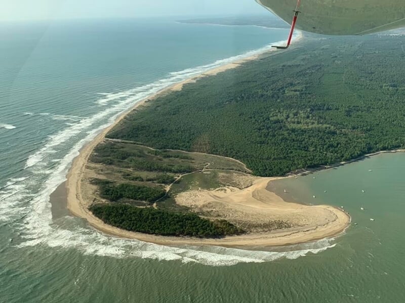 Vue aérienne d'une côte avec plage, forêt dense et océan sous un ciel dégagé.