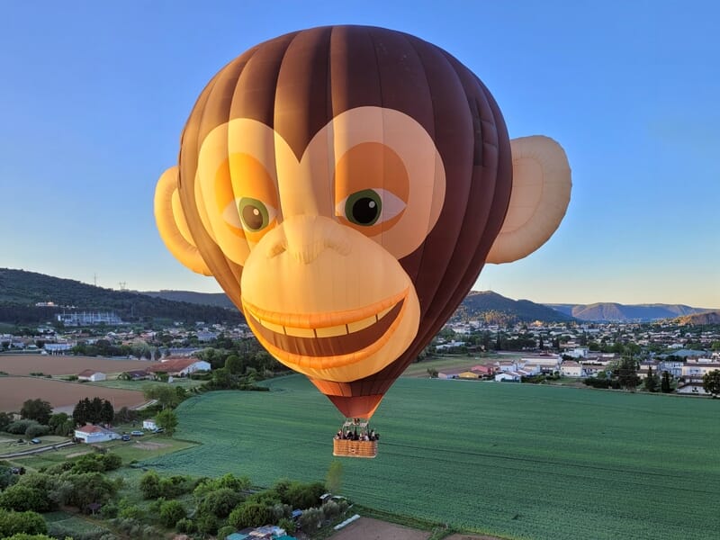 Montgolfière tête de singe volant au-dessus de champs verts avec une ville et des collines en arrière-plan.