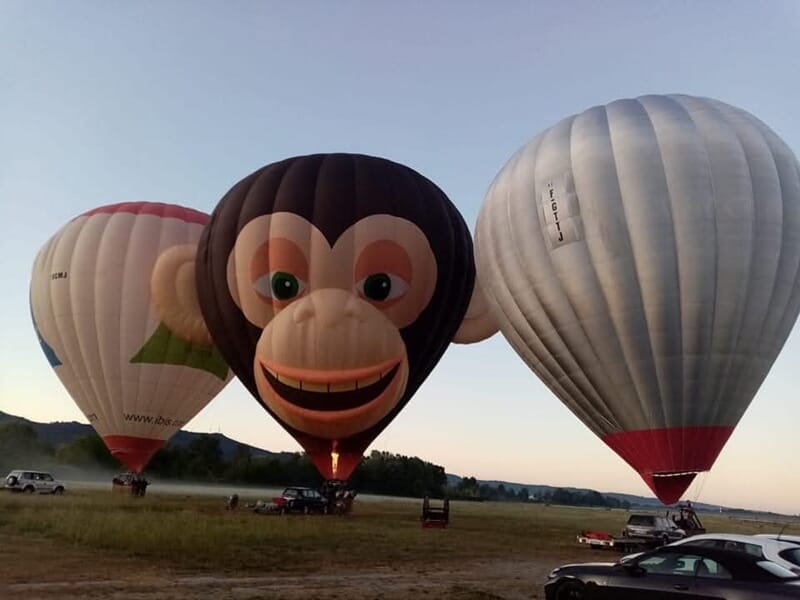 Trois montgolfières au sol au lever du jour, dont une en forme de tête de singe, avec des voitures à proximité.