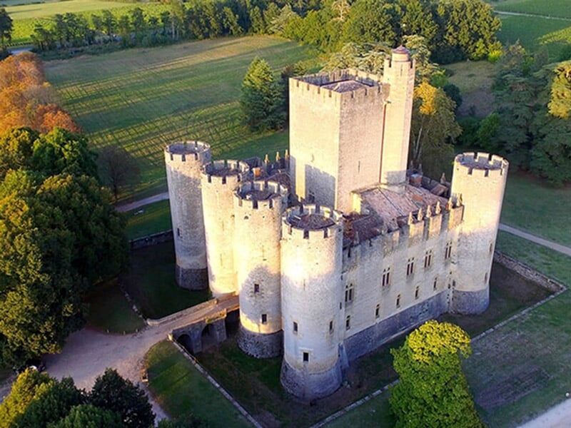Vue aérienne d'un château médiéval avec des tours robustes, entouré d'arbres et de champs verdoyants, sous une lumière douce