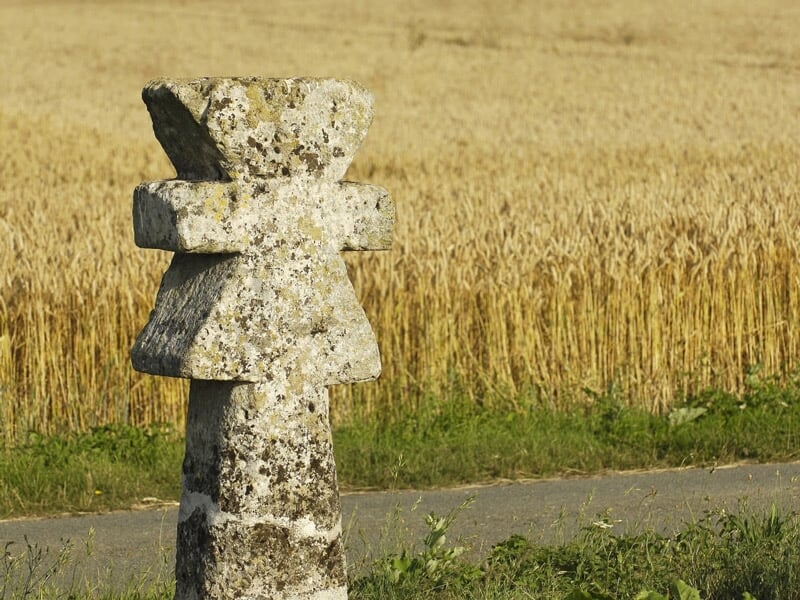 Croix en pierre ancienne au bord d'un champ de blé doré, symbole historique et religieux du paysage rural.