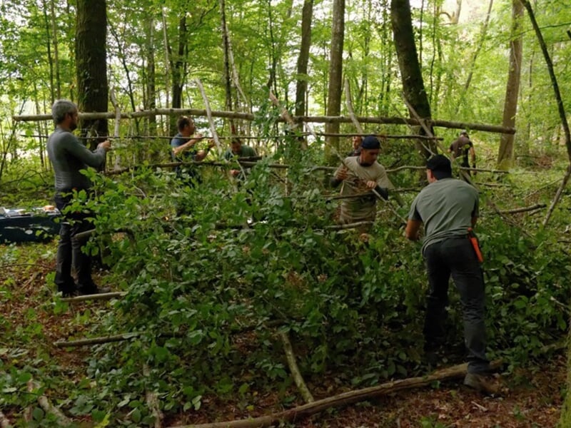 Participants construisant un abri en branchages dans une forêt dense, collaborant pour fixer des branches, outils visibles à la ceinture, environnement naturel verdoyant