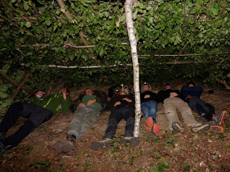 Groupe de personnes allongées sous un abri de feuillage dense lors d'un stage de survie en forêt.