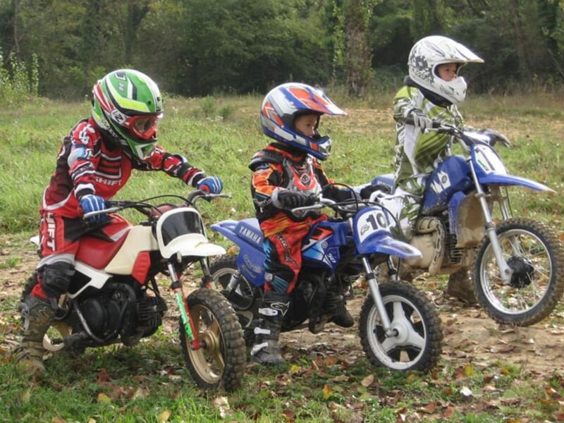 Trois enfants en tenue de motocross avec casques sur petites motos posent sur un terrain herbeux et sec.