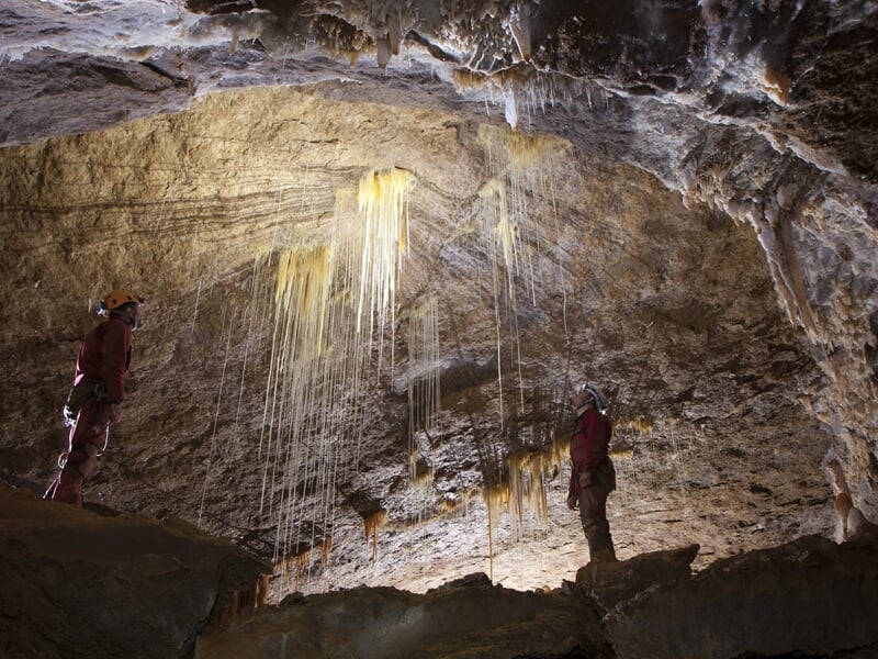 Deux spéléologues admirent des formations de stalactites fines et longues suspendues au plafond d'une grande caverne.