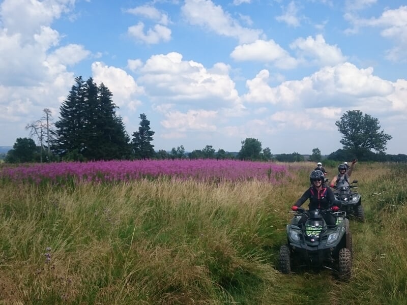 Deux personnes en quad roulant sur un chemin entouré de hautes herbes et de fleurs violettes sous un ciel partiellement nuageux.