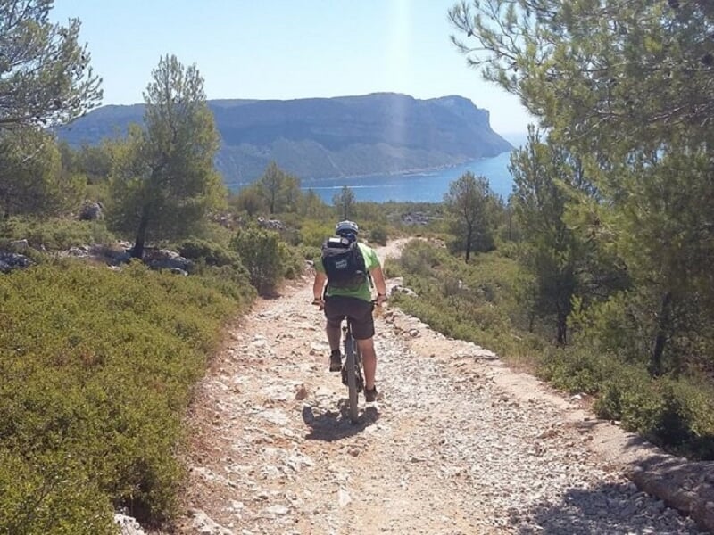 Un cycliste en VTT roule sur un chemin rocailleux entouré de pins avec vue sur la mer et une montagne au loin.