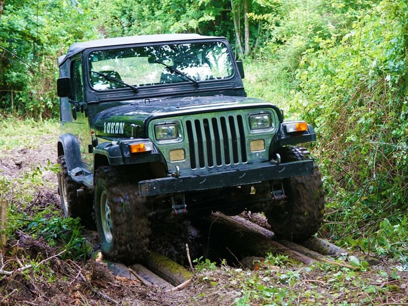 Jeep noire tout-terrain traversant un chemin boueux en forêt dense avec des arbres verts tout autour.