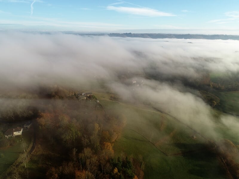 Paysage rural vu du ciel avec des champs verts et une couche de brouillard matinal.