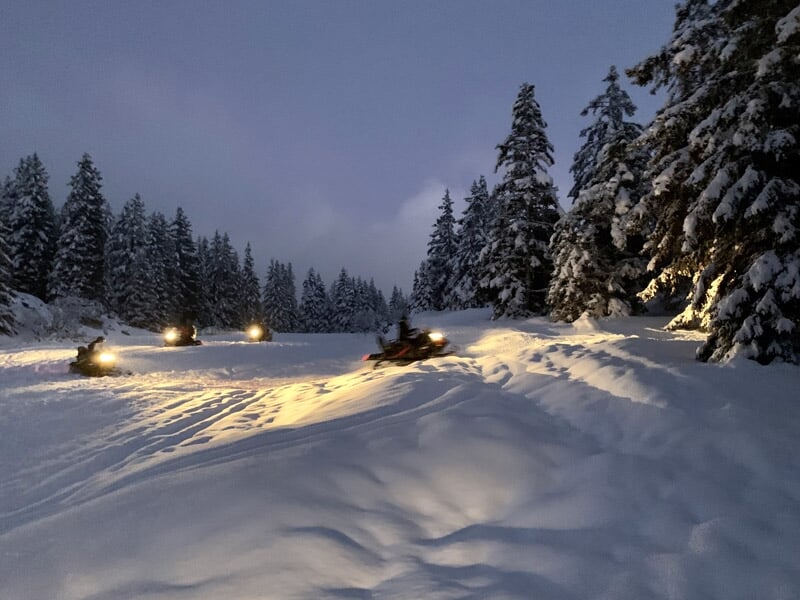 Personne sur une motoneige au coucher du soleil avec des montagnes et des arbres enneigés.