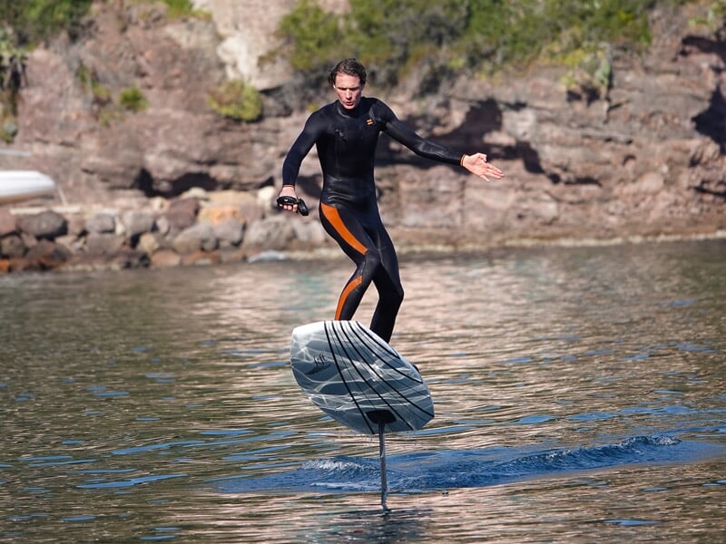 Homme en combinaison noire sur un surf électrique sur l'eau près d'une côte rocheuse avec des arbres verts.