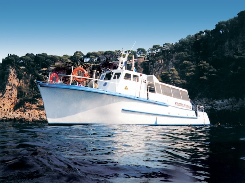 Grand bateau de plongée blanc avec des bandes bleues, ancré près de falaises rocheuses couvertes de végétation, flottant sur une mer calme sous un ciel bleu.