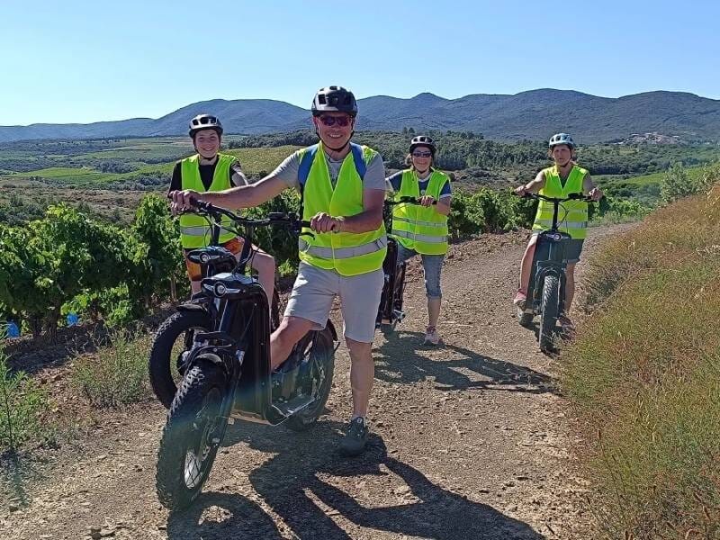 Quatre personnes en gilets jaunes sur des trottinettes électriques sur un chemin de terre, paysage de vignobles et de collines verdoyantes en arrière-plan.