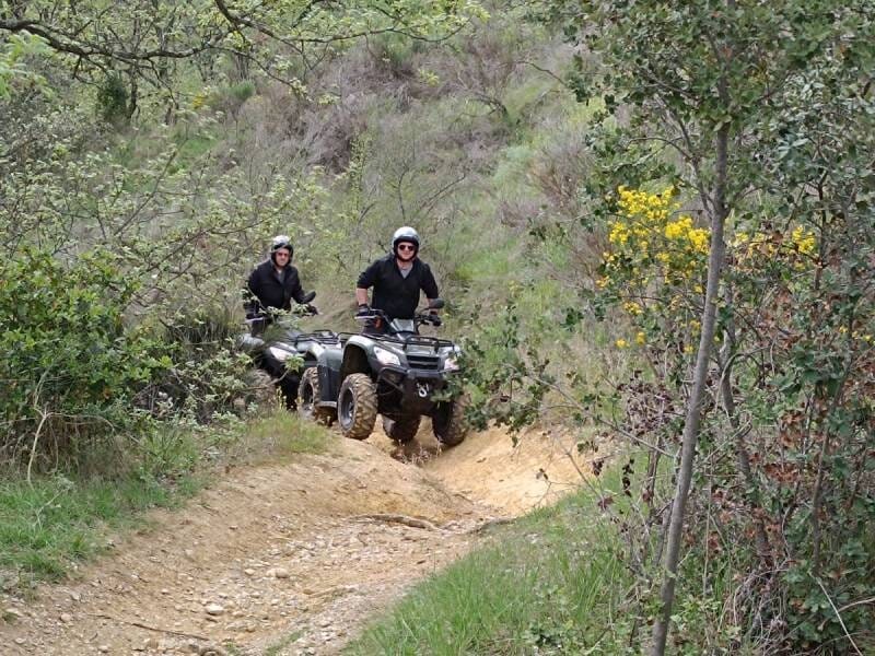 Deux hommes en quad tout-terrain roulant sur un sentier de terre escarpé, entourés d'arbres et de buissons verts avec des fleurs jaunes.