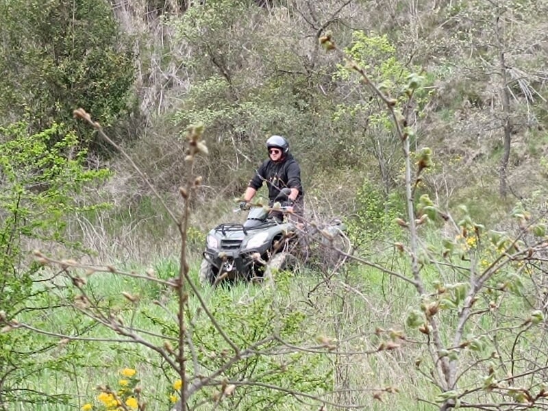 Homme en quad tout-terrain noir dans un paysage forestier. Vêtements noirs et casque, conduisant sur un terrain accidenté avec des arbustes verts et des fleurs jaunes en arrière-plan.
