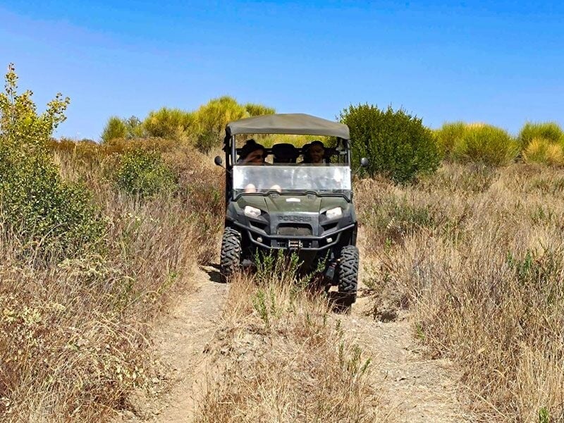 Quad avec plusieurs passagers roulant sur un sentier étroit au milieu de buissons secs et d'herbes hautes en été.