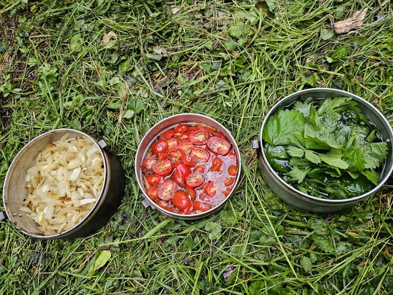 Trois récipients métalliques posés sur l'herbe contenant des aliments naturels comme tomates, feuilles et oignons.
