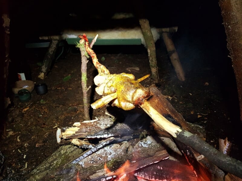 Poulet en train de cuire lentement à la broche au-dessus d'un feu de camp dans une forêt la nuit.